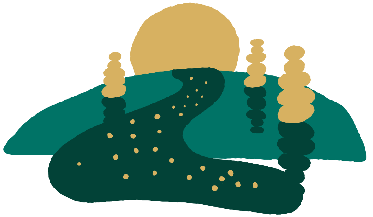 Illustrated sunrise over a rock cairn and winding path