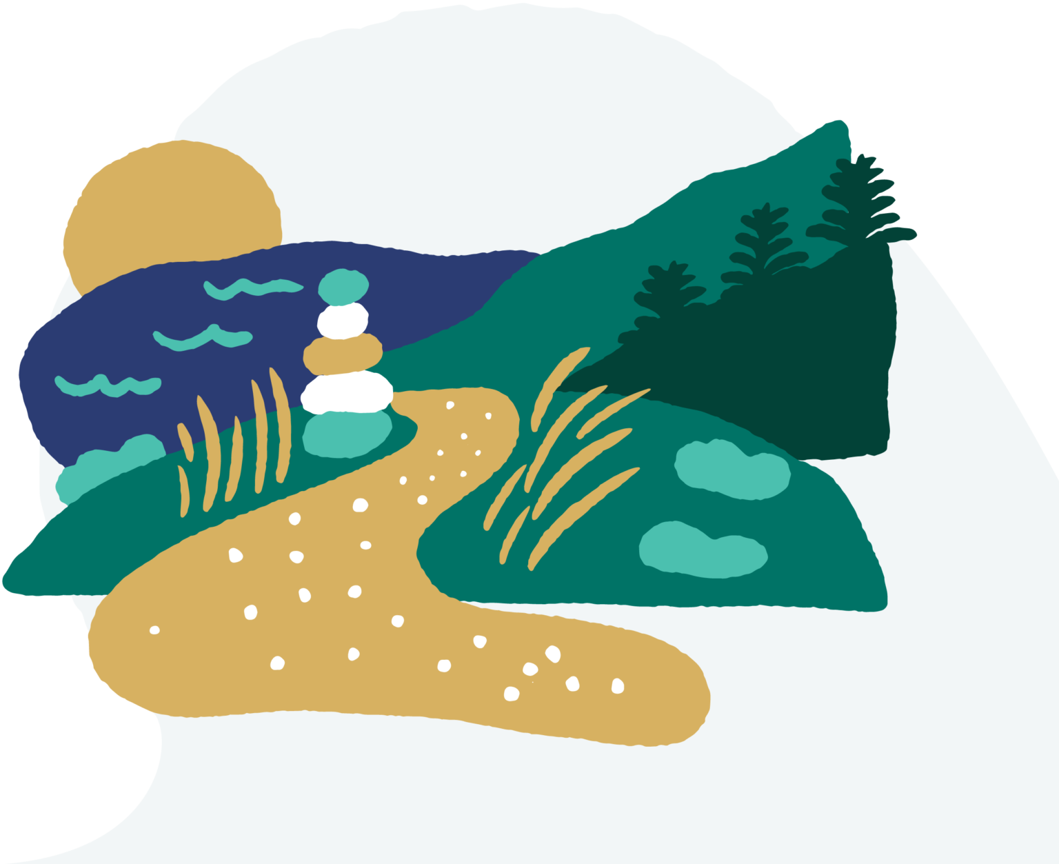 Illustrated winding path leading through Maine forest and mountains